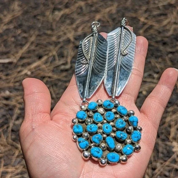 Native American Chain Necklace Handmade Cluster Turquoise 2 Large Leaves*** - Picture 9 of 11